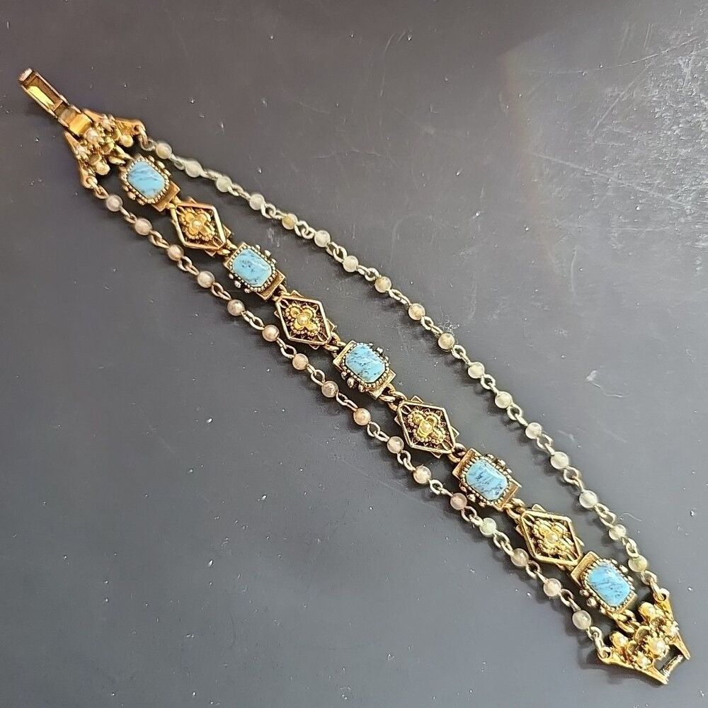 Vintage Turquoise Faux Pearl Bracelet Gold Tone Multi Chain Boho